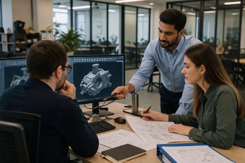 Engineering team collaborating on CAD designs in a corporate office environment