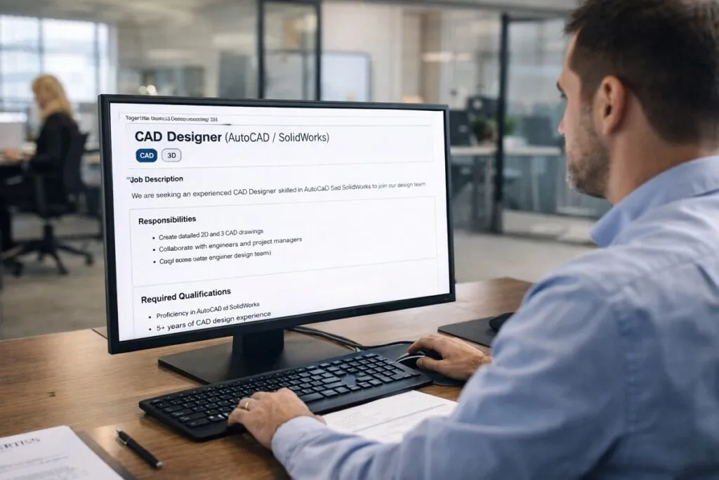 Hiring manager writing a CAD designer job description on screen for technical recruiting at Tier2Tek Staffing