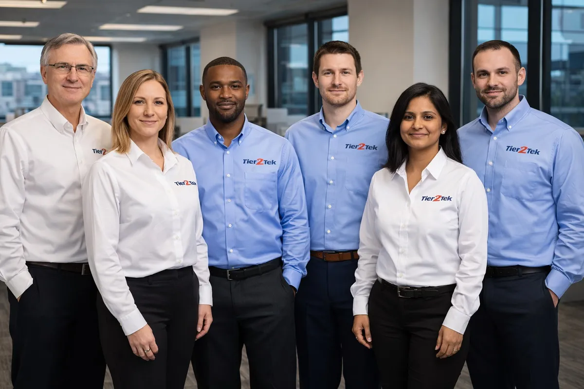 Tier2Tek staffing recruitment team in a professional corporate office wearing branded business attire