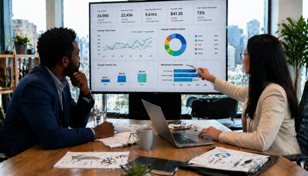 IT professionals benchmarking cost per ticket using dashboard analytics and performance metrics