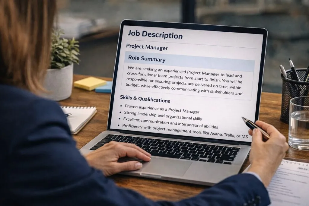 HR manager creating job description with clear role summary on laptop