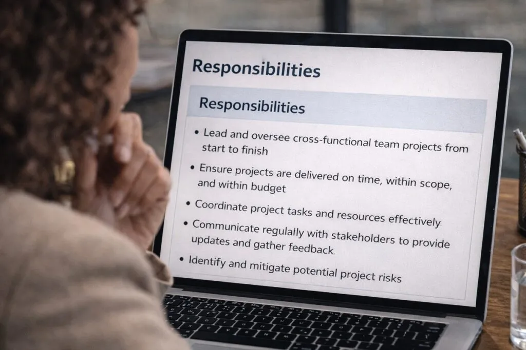 HR professional reviewing job responsibilities section to attract high performing candidates