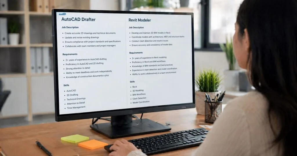AutoCAD vs Revit job descriptions and requirements on screen in office setting