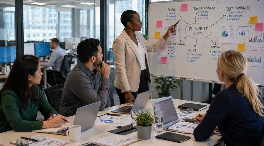 IT team reviewing factors influencing cost per ticket with support metrics and performance data