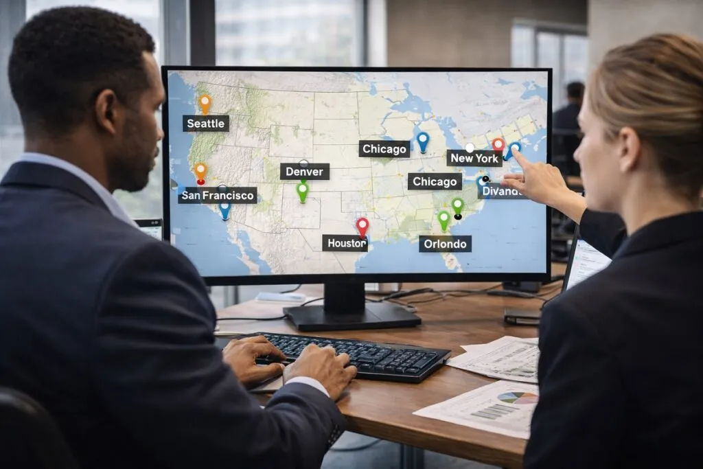 Hiring managers reviewing US map of CAD and IT talent demand by city