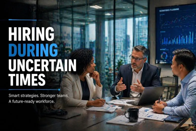 Hiring during uncertain times HR leaders discussing workforce strategy in office