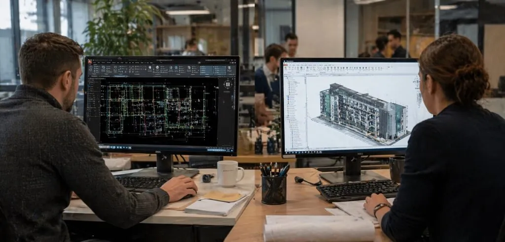 AutoCAD drafting vs Revit BIM modeling in office setting showing hiring priorities