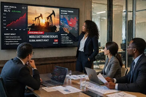 Hiring during uncertain times corporate meeting discussing oil prices and global tensions