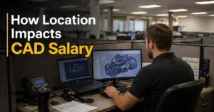 How location impacts CAD salary in office setting with CAD designer working at computer in corporate cubicle environment