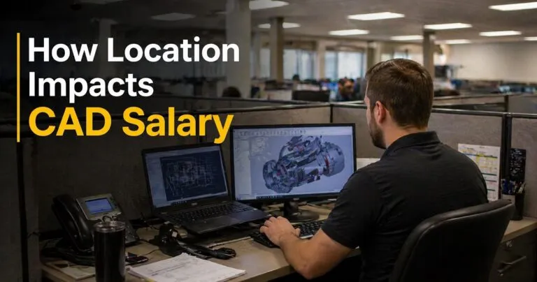 How location impacts CAD salary in office setting with CAD designer working at computer in corporate cubicle environment