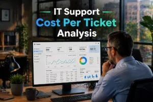 IT Support Cost per Ticket Analysis dashboard with ticket metrics and cost data in a professional office setting