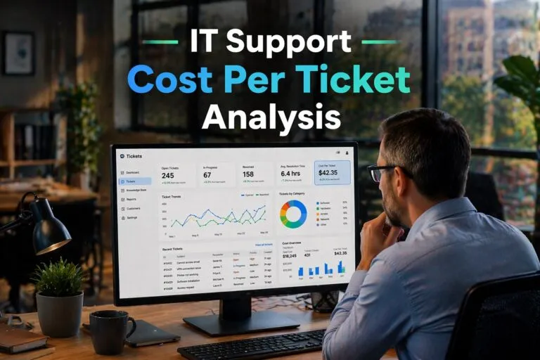 IT Support Cost per Ticket Analysis dashboard with ticket metrics and cost data in a professional office setting