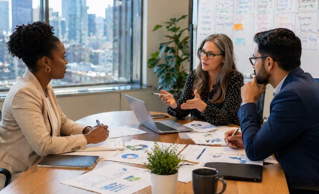 HR team analyzing hiring data and workforce planning metrics in a corporate meeting