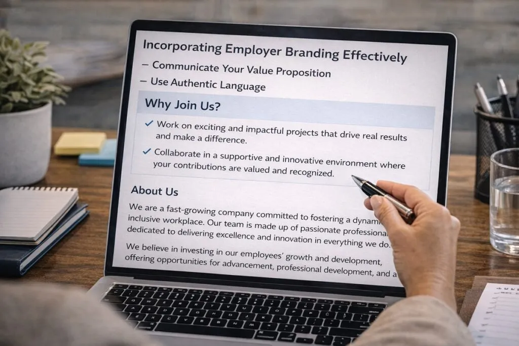 Employer branding section in job description highlighting value proposition and company culture