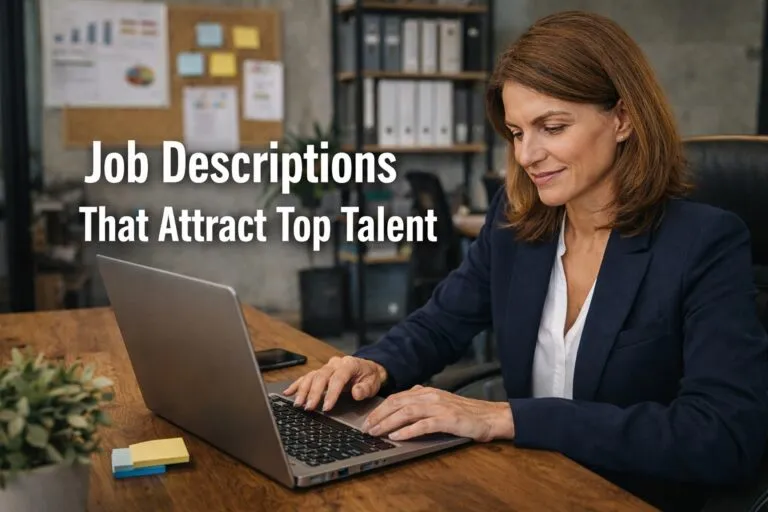 HR manager writing job descriptions that attract top talent on laptop in office
