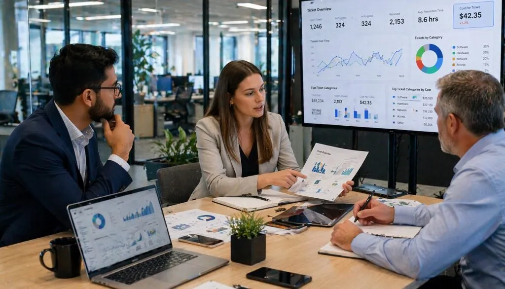 IT support team analyzing cost per ticket data and IT support metrics in a corporate meeting