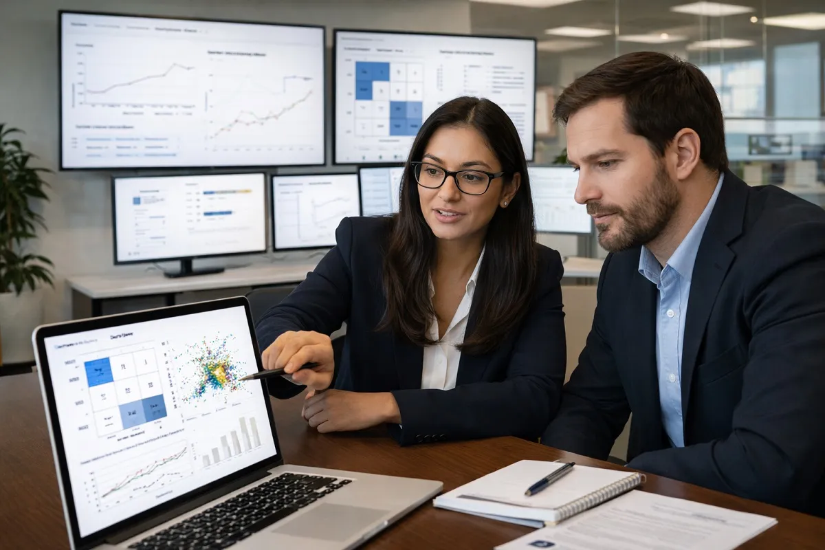 Machine learning staffing specialists reviewing data analytics in a professional office environment