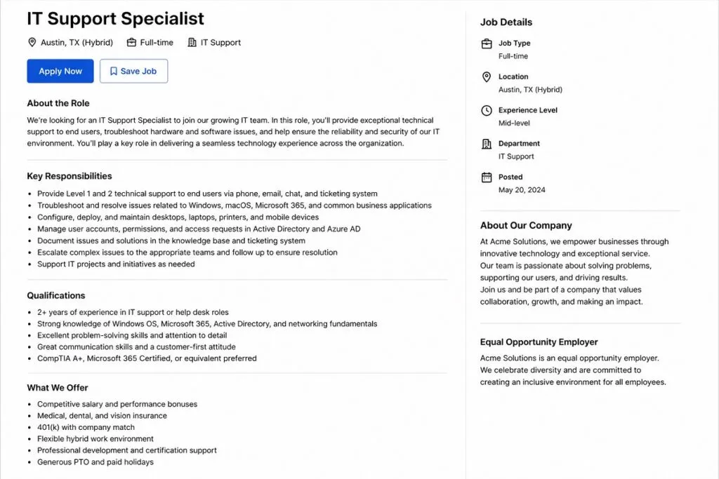 IT support job description enterprise help desk specialist posting Tier2tek Staffing