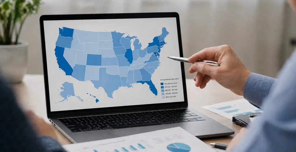 Regional CAD salary differences across the United States shown on map with hiring manager reviewing compensation data