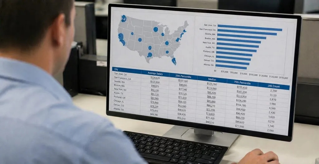 CAD salary data by city displayed on screen with hiring professional analyzing compensation trends across US markets