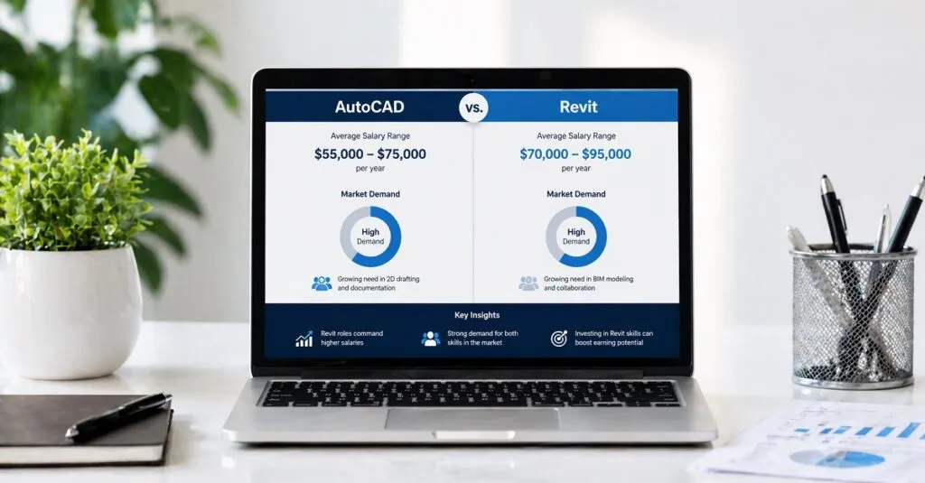 AutoCAD vs Revit salary comparison and market demand dashboard in office workspace