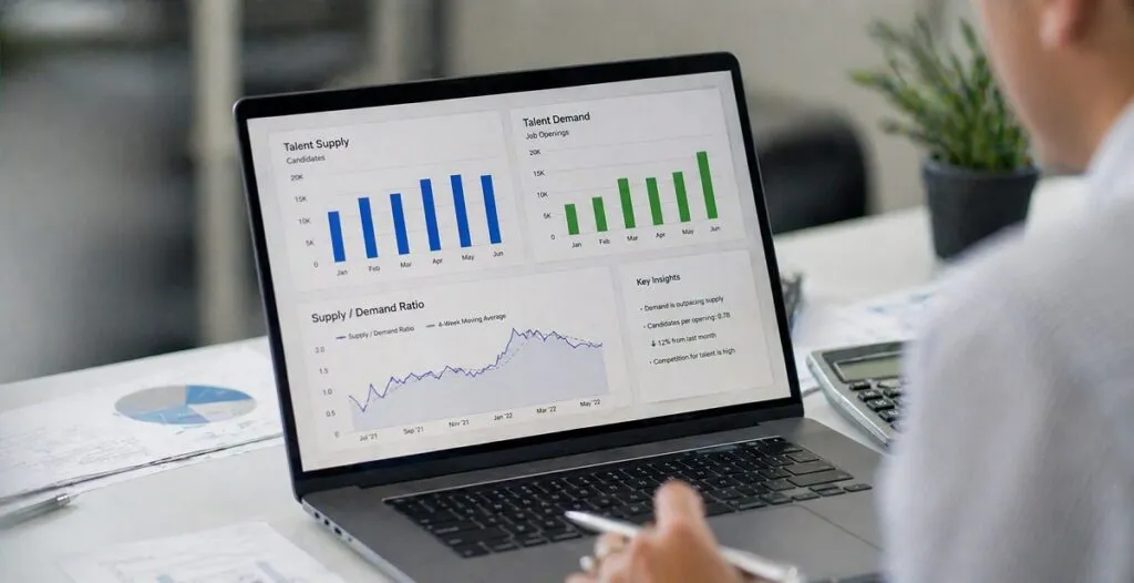 Talent supply and demand dynamics in CAD hiring shown through workforce data charts on laptop in office setting