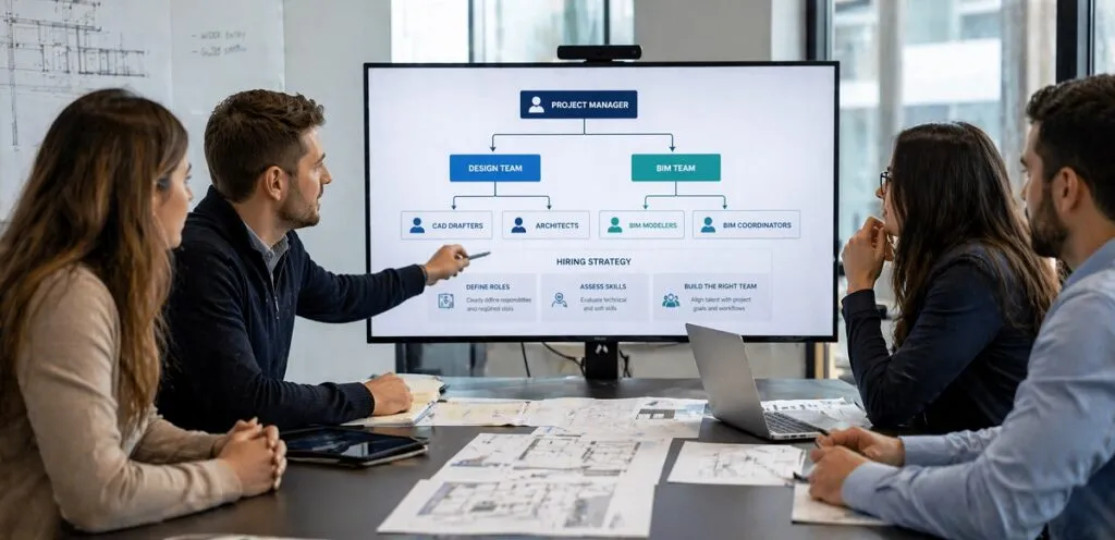 AutoCAD and Revit team structure and hiring strategy meeting in office