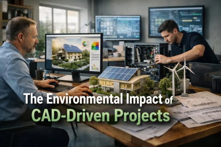 CAD professionals designing sustainable project with IT support in engineering office