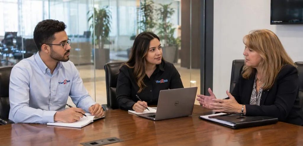 Tier2Tek recruiters meeting with HR director to discuss hiring needs in a corporate office conference room