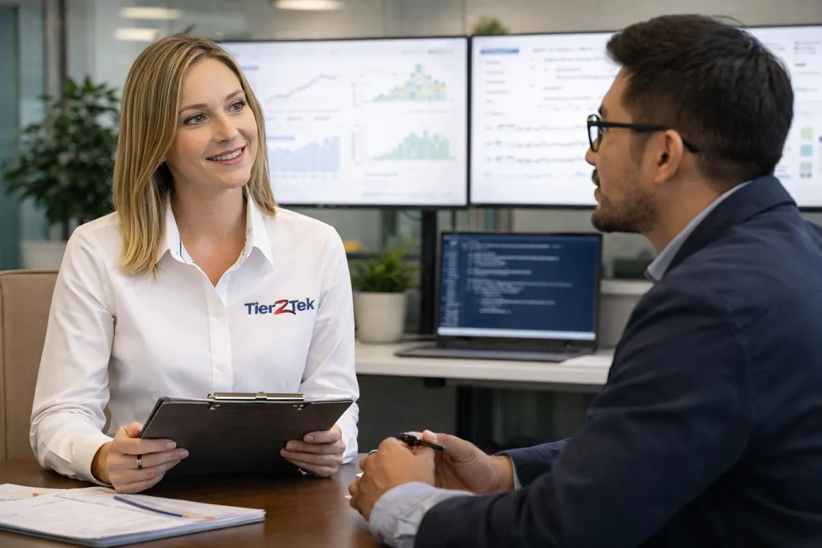 Tier2Tek recruiter interviewing a machine learning candidate in a professional corporate office