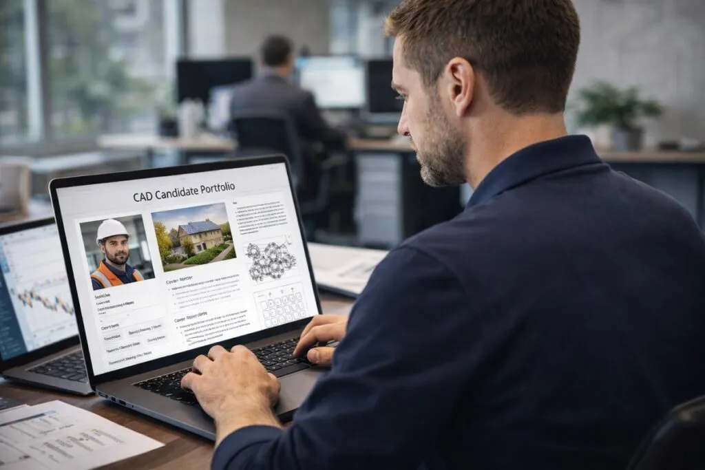 Recruiter reviewing CAD candidate portfolio on laptop in corporate office