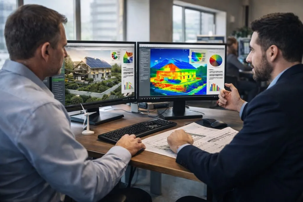 CAD engineers reviewing sustainable building design with energy simulation software