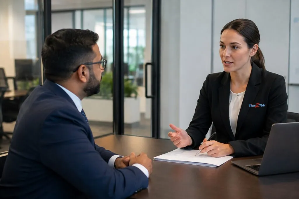 Tier2Tek Staffing recruiter interviewing an AutoCAD candidate for an engineering and design position.