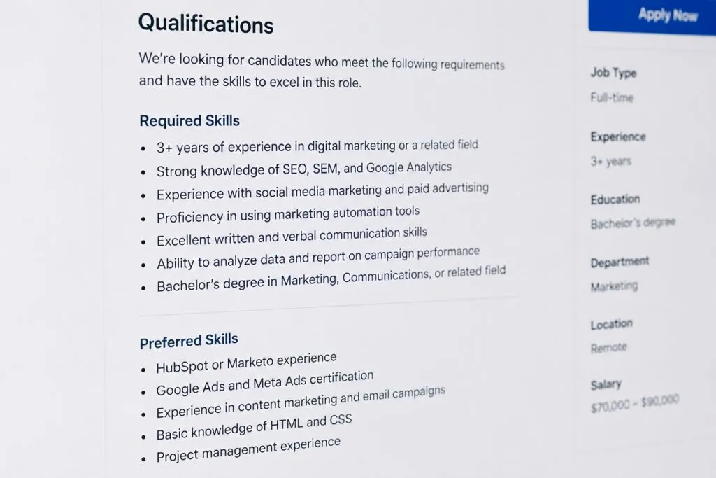 Job posting qualifications section with required skills and hiring requirements.