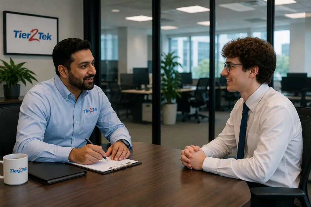 Tier2Tek recruiter interviewing an entry level IT support candidate in a corporate office