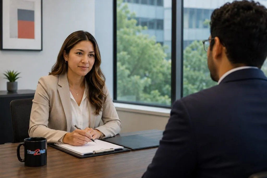 Professional CAD recruiter interviewing an engineering candidate in a modern corporate office, discussing CAD staffing and technical recruiting opportunities.