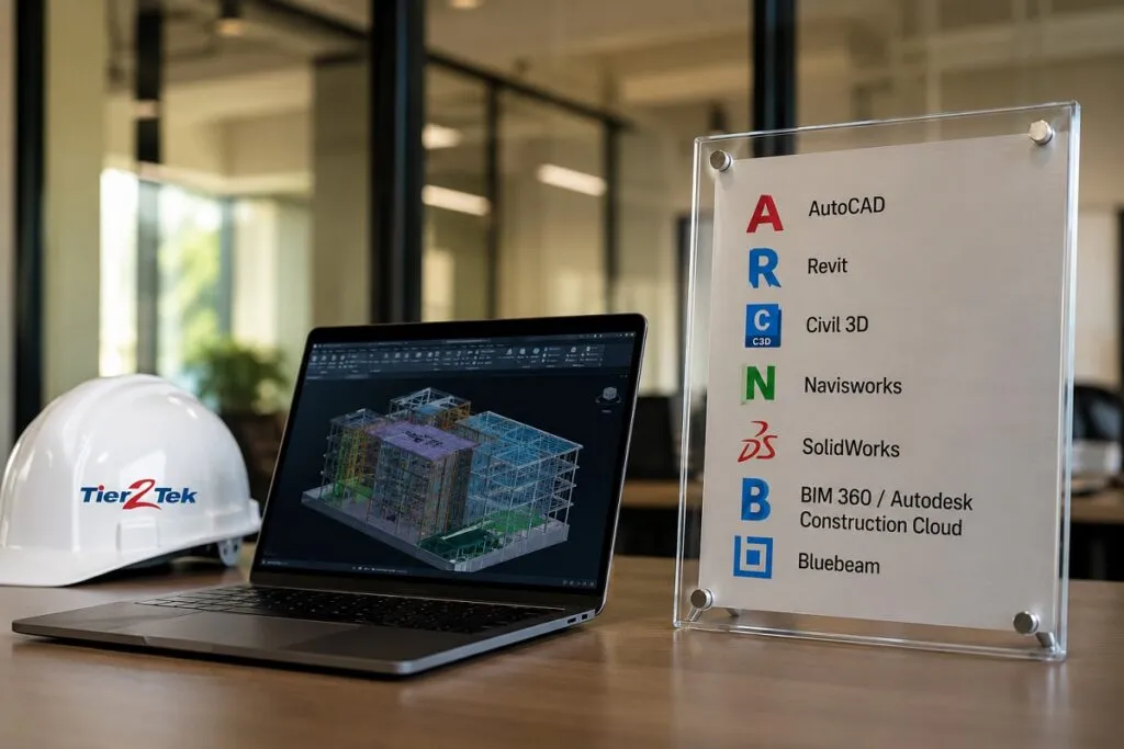 Tier2Tek Staffing highlights the most in-demand CAD software skills, including AutoCAD, Revit, Civil 3D, Navisworks, SolidWorks, Autodesk Construction Cloud, and Bluebeam.