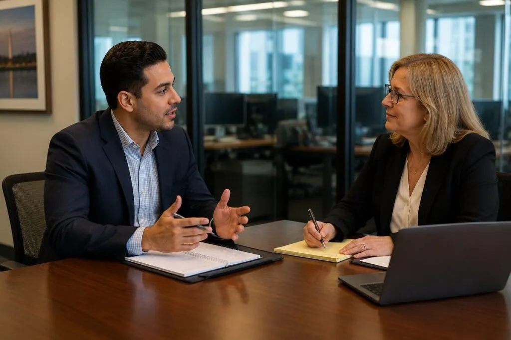Tier2Tek Staffing account manager meeting with an HR director to discuss CAD staffing solutions, engineering talent acquisition, and workforce planning.