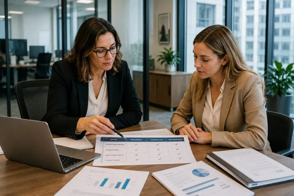 HR director and HR manager reviewing IT support job titles in a corporate office
