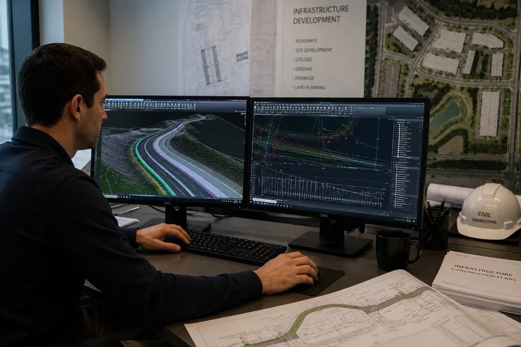 Civil 3D engineer creating infrastructure and land development plans using CAD design software