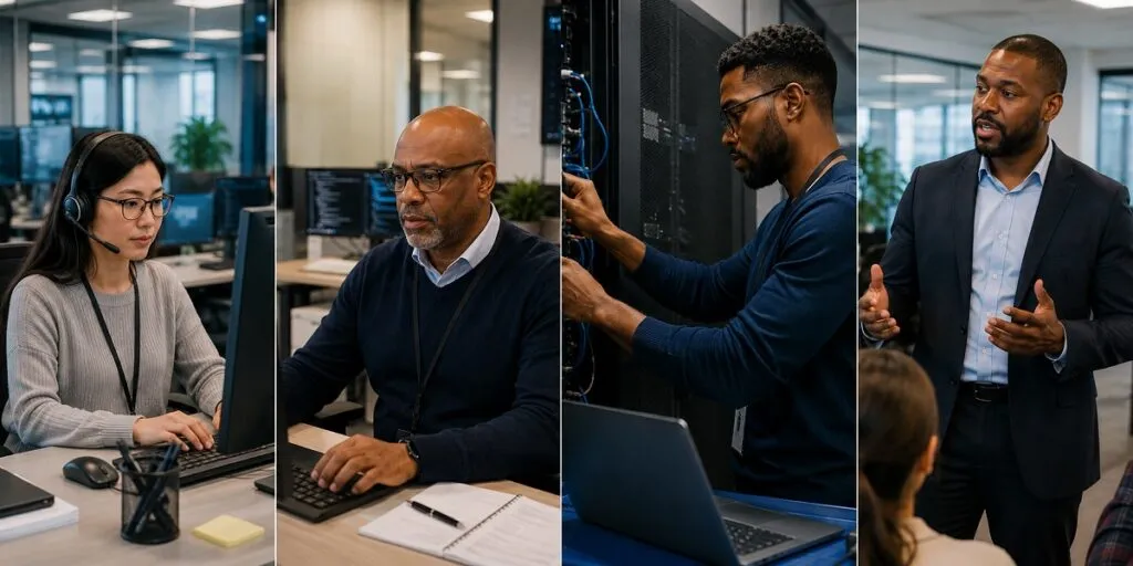 Different IT support professionals representing multiple IT support job titles in corporate environments