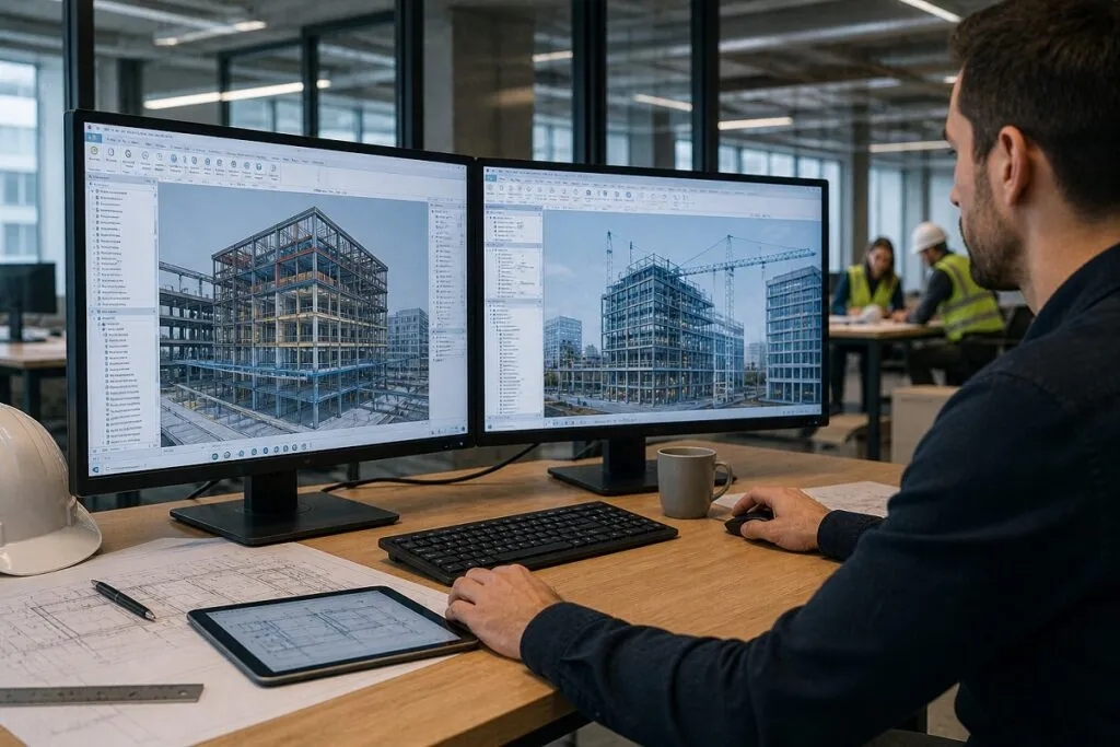 Architect using BIM and CAD software for digital construction design
