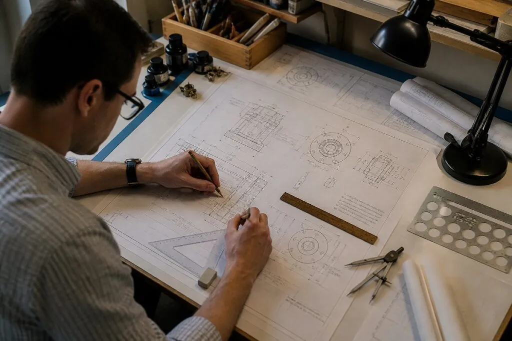 Engineer creating technical drawings by hand on drafting table before CAD adoption