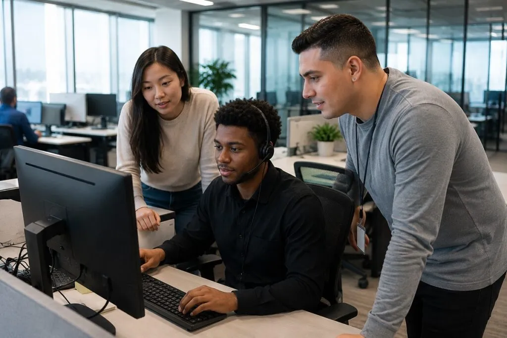 Entry level IT support specialist working in a professional corporate office with supervisor guidance