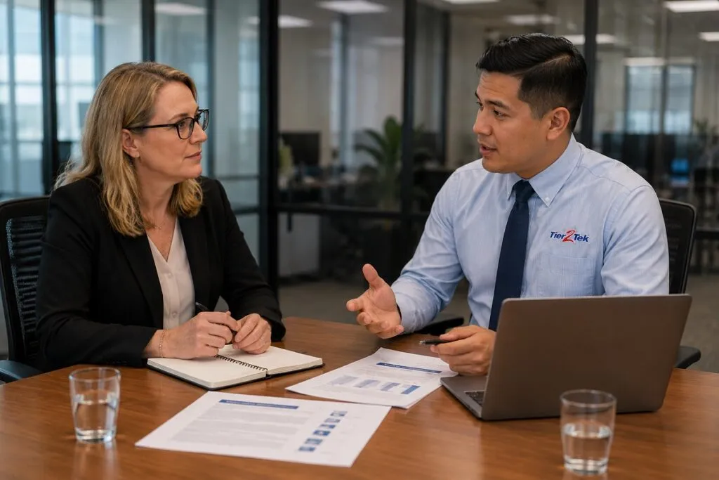 Tier2Tek recruiter discussing IT support hiring strategy with HR director