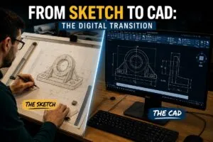 From sketch to CAD transition showing manual drafting and digital design on screen