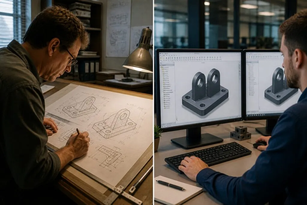 Split view engineer hand drafting and modern CAD design in workplace