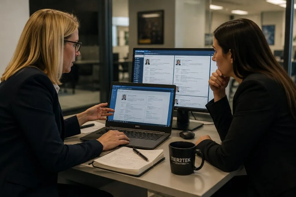 HR leaders reviewing candidate resumes and evaluating hiring challenges while comparing qualifications for specialized positions in the Washington, D.C. job market.