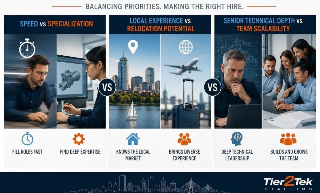 Hiring managers evaluating tradeoffs between hiring speed, technical specialization, relocation candidates, and team scalability for CAD staffing