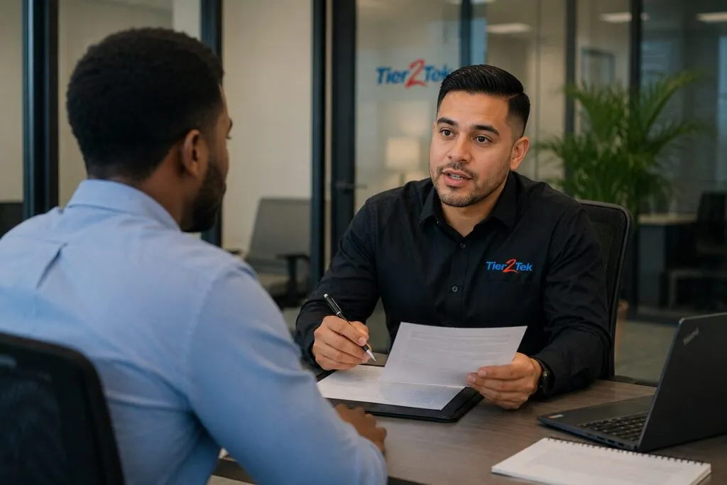 Tier2Tek recruiter interviewing a CAD candidate and reviewing technical qualifications, project experience, and design expertise during the candidate evaluation process.